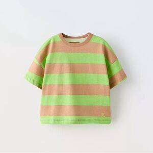 NWT Zara 1.5Y linen cotton striped short sleeve t-shirt with flower embroidery